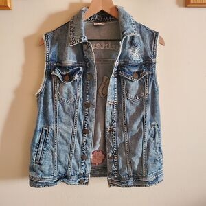 BP Troublemaker Acid Washed Vintage Retro Distressed Embroidered Biker Vest Sz S